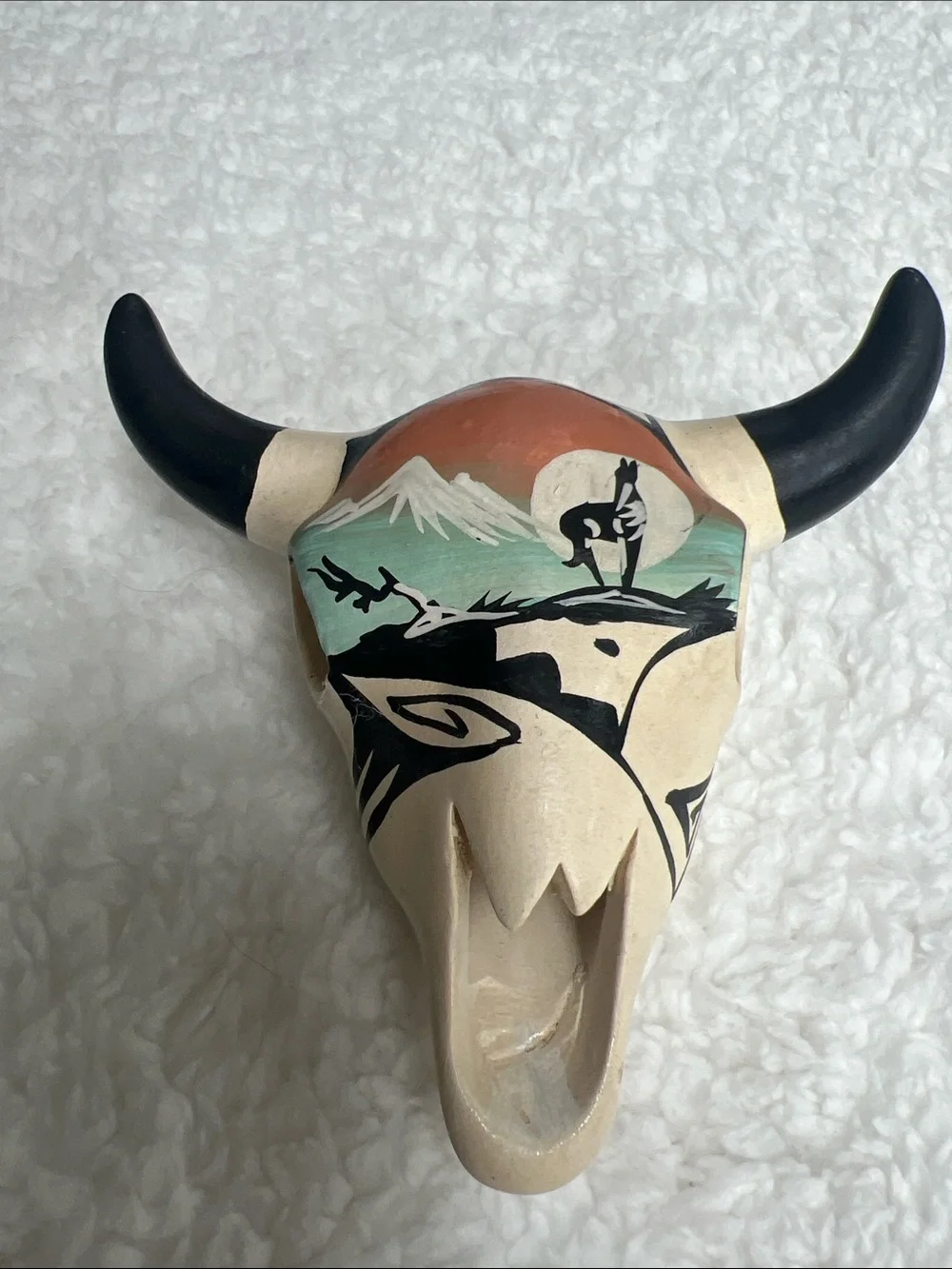 Vintage Navajo Signed R. Hathale Hand Painted Pottery Steer Skull 5